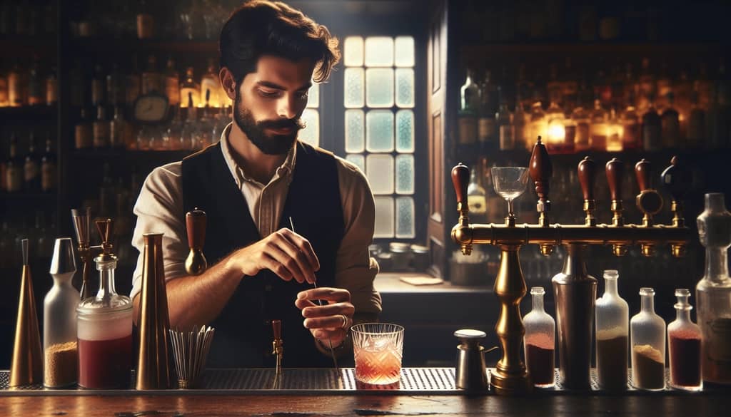 Salvatore Calabrese mixing the iconic Spicy Fifty cocktail at a vintage-style bar.