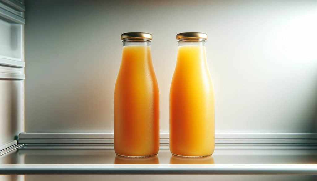 냉장고 선반에 밀봉된 신선한 주스가 든 유리병들