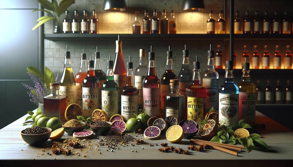 Selection of Hella Cocktail Co. bitters, emphasizing their aromatic and unique natural ingredients