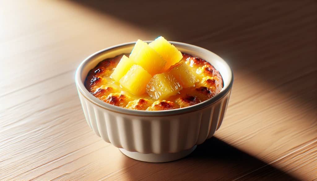 close-up of a serving of fresh pineapple cobbler in a white bowl