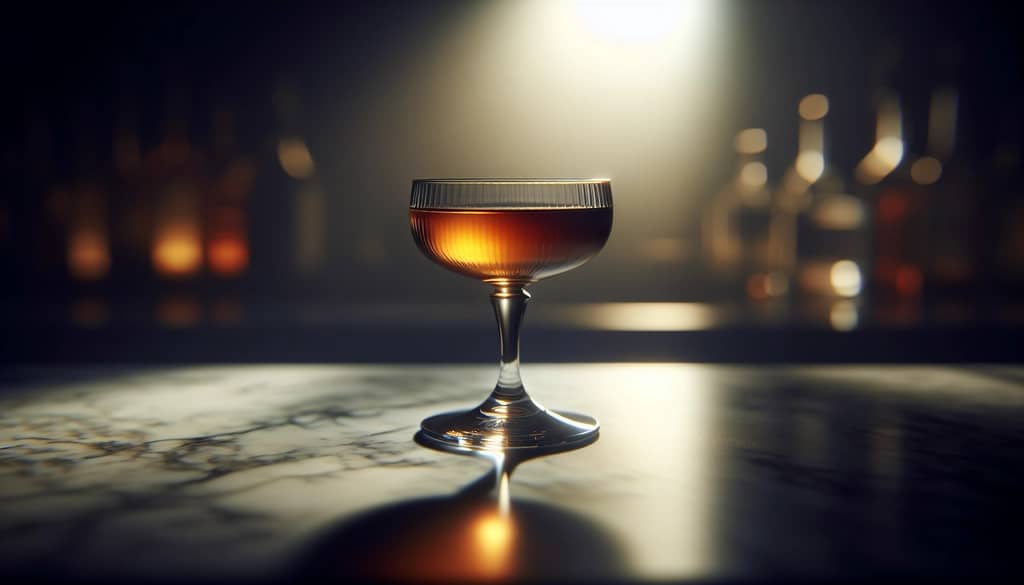 shaken bourbon falernum sherry peach bitters cocktail strained into coupe glass