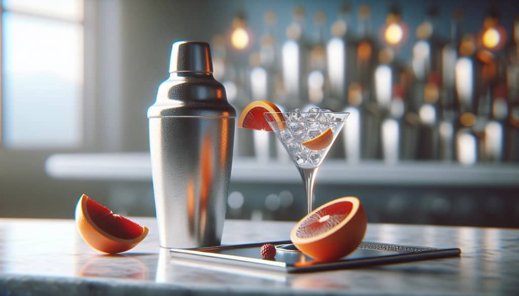 cocktail shaker preparing blood orange vodka martini
