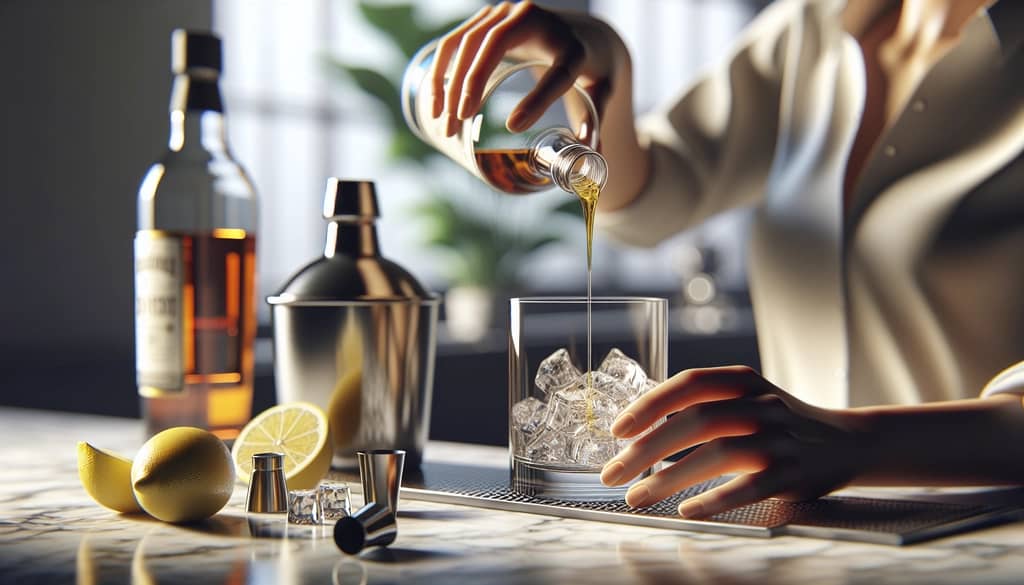 bartender adding simple syrup to a shaker for a whiskey sour