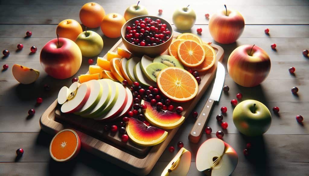 selection of fresh apple, orange, pear, and cranberries prepped for sangria