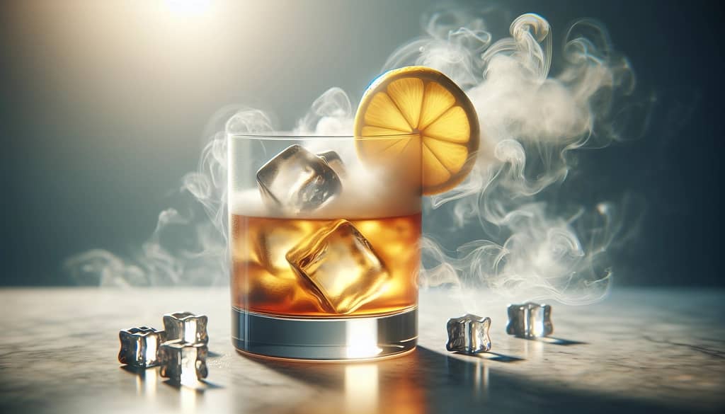 smoked highball cocktail with lemon garnish ice in highball glass
