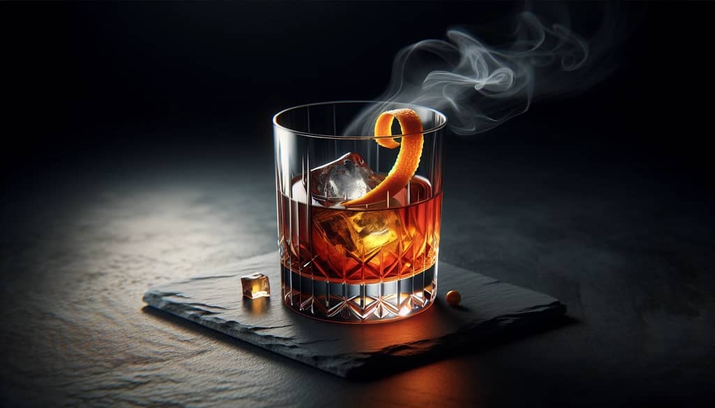 smoked old fashioned with orange peel in rocks glass