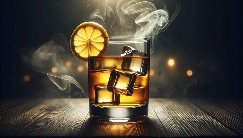 geräucherter Whiskey Highball im Highball-Glas mit Eis und Zitrusschale