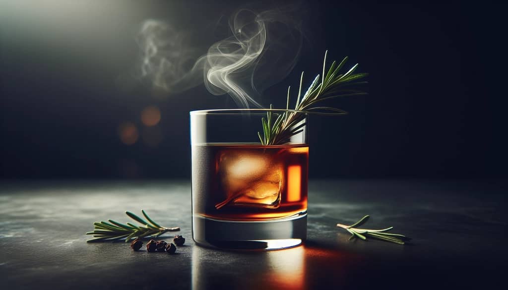 뚜렷한 연무가 있는 무거운 유리잔에 담긴 스모키 칵테일