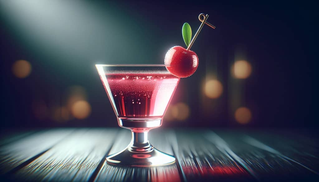 sour cherry cocktail with gin soaked cherry garnish