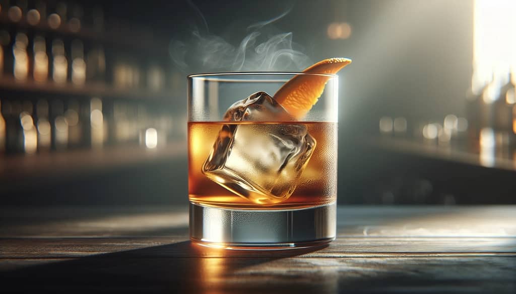 Southern Godfather Cocktail im Rocks-Glas mit Eis und Orangenzeste