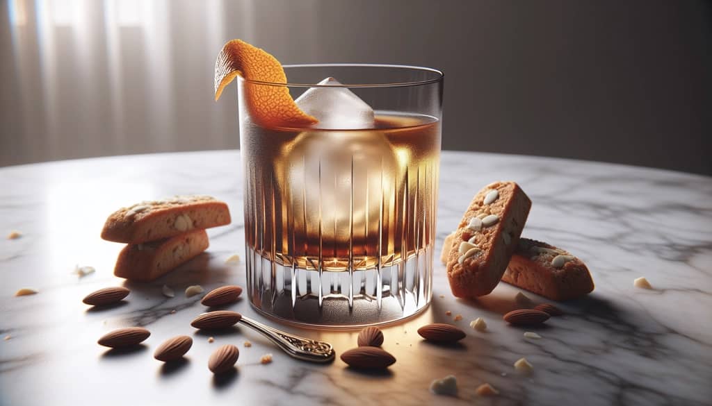 southern godfather cocktail next to almond biscotti