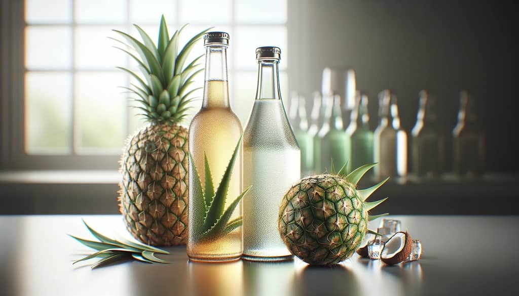bottle of sparkling aloe vera drink next to malibu rum and pineapple