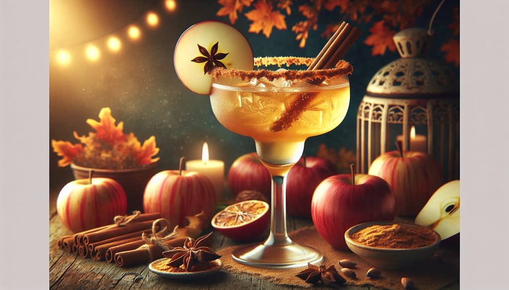 Spiced Apple Cider Margarita with cinnamon and nutmeg for a cozy fall drink.