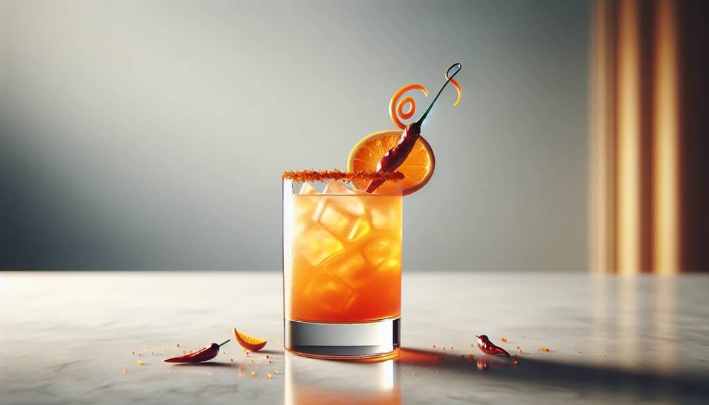 spiced orange tequila fizz in a tall highball with chili garnish