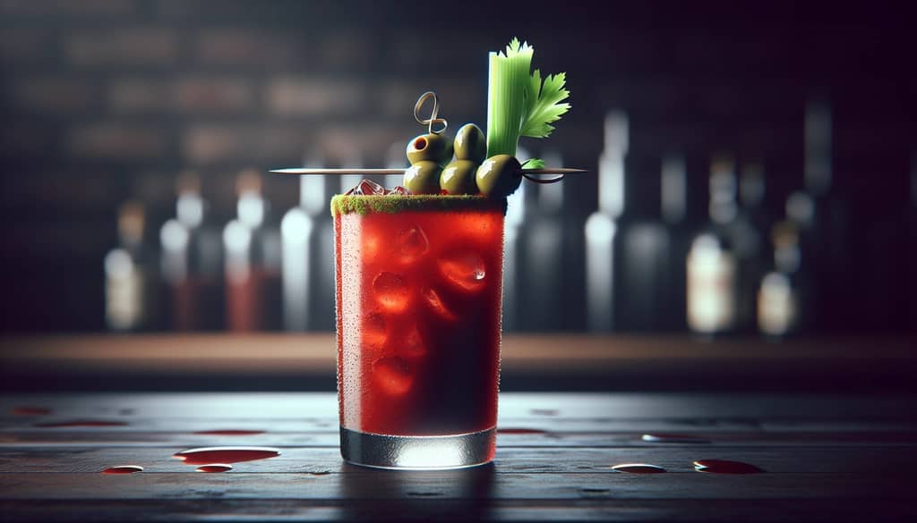 spicy bloody caesar with olives and celery on bar