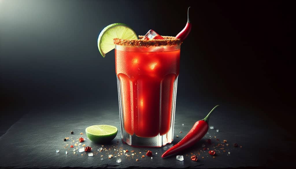 bloody caesar with spiced rim and chili garnish