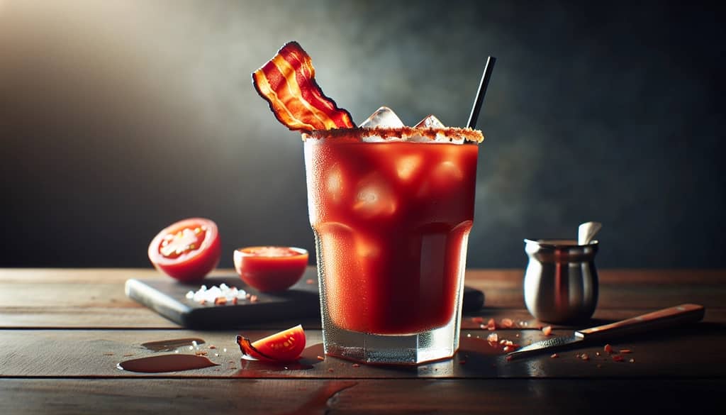bloody mary garnished with crispy bacon strip on glass