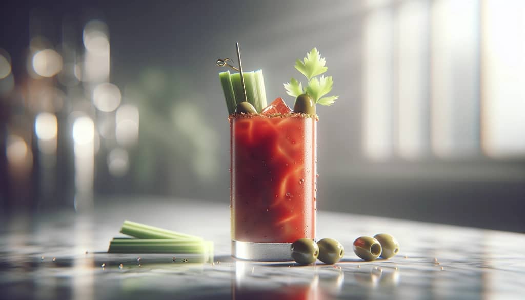 bloody mary dengan hiasan seledri, acar, dan zaitun