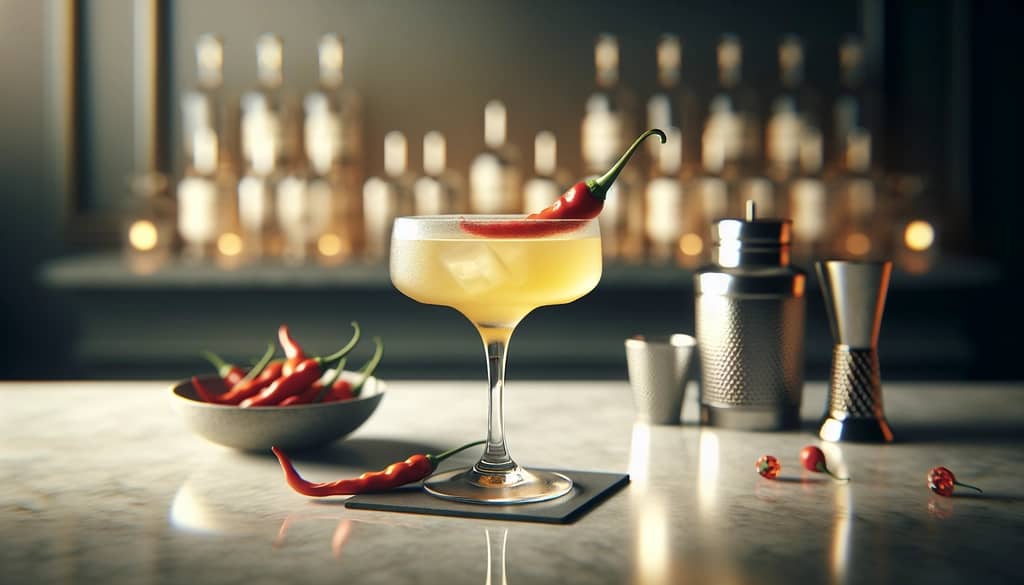 Spicy Fifty Cocktail im Coupéglas mit roter Chilischote als Garnitur