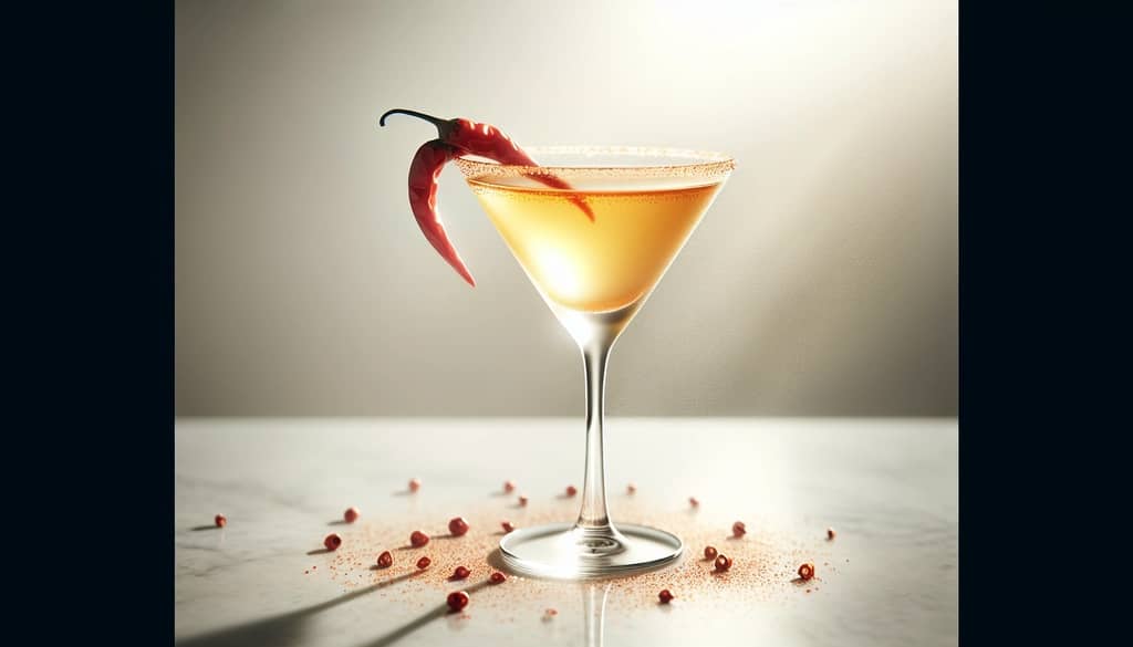 빨간 고추 장식이 있는 마티니 잔의 스파이시 피프티 칵테일