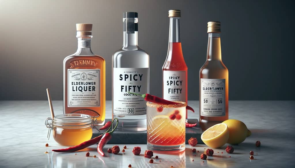 Spicy Fifty ingredients and garnished cocktail on bar