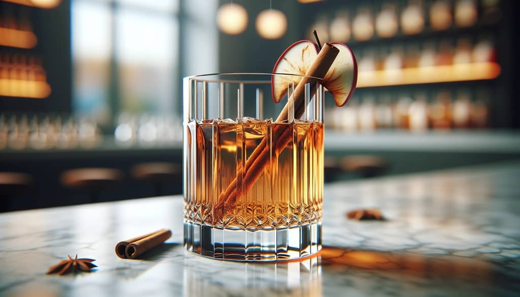 spiked apple cider with bourbon in clear glass