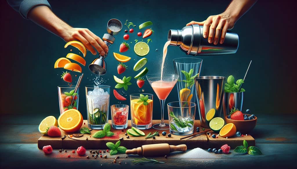 Step-by-step cocktail preparation steps with a shaker and fresh ingredients.