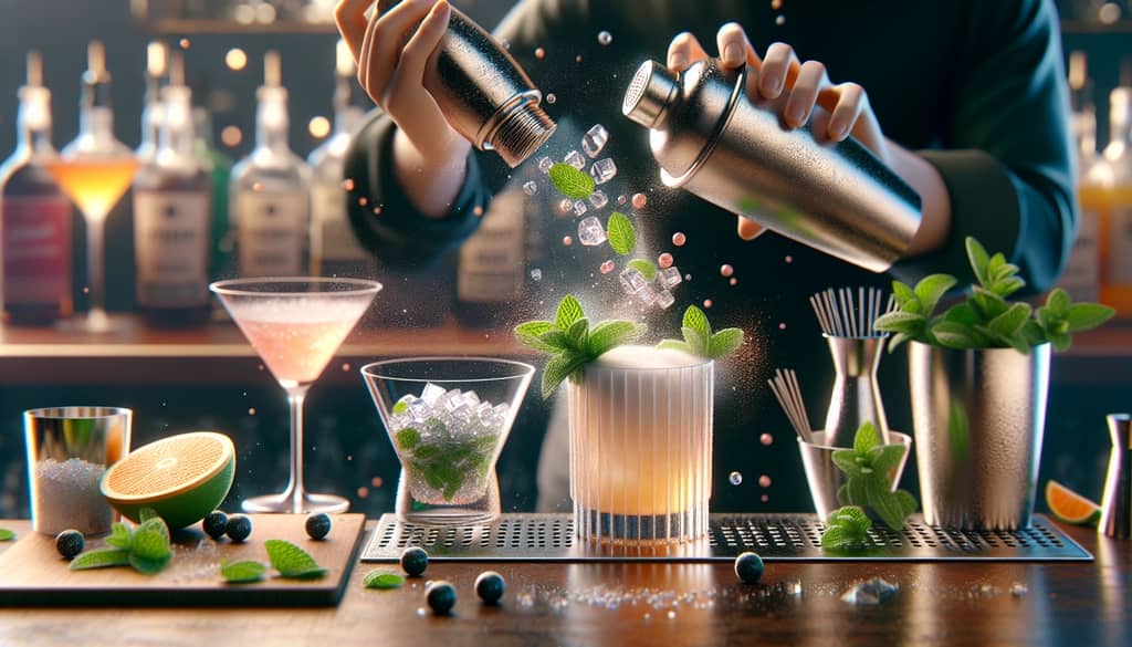 Step-by-step creation of the Southside Fizz, detailing the shaking and mint garnishing process.