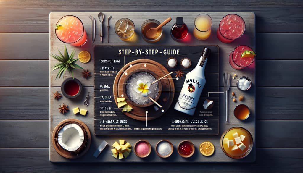 Step-by-step guide showing the preparation of the Malibu Sunset cocktail with coconut rum, pineapple juice, and grenadine.