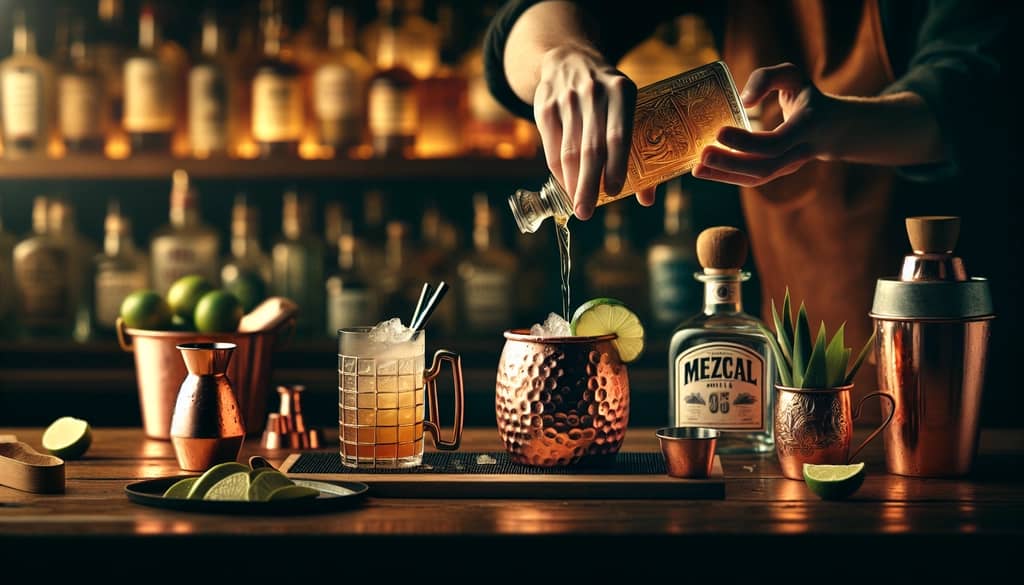 Step-by-step guide to making a Mezcal Mule cocktail, including pouring mezcal and ginger beer into a mug