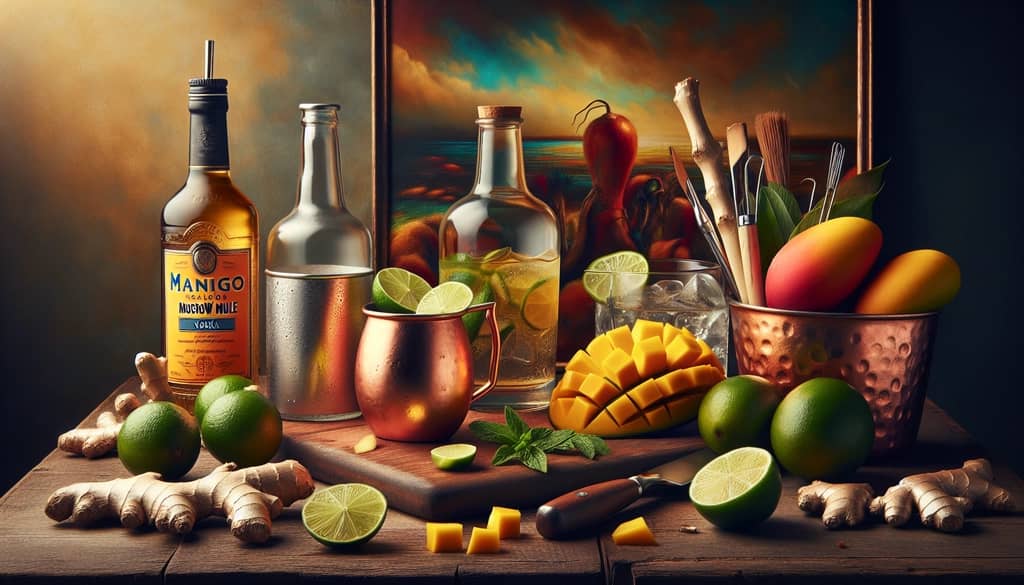 Step-by-step ingredients and preparation area for crafting a Mango Moscow Mule, featuring vodka, lime, mango puree, and ginger beer.