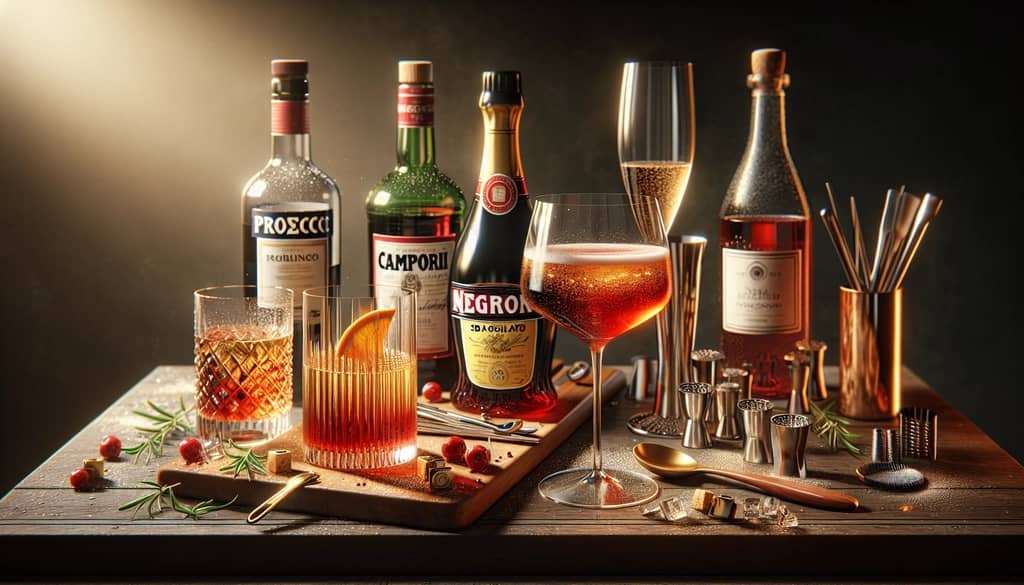 Step-by-step ingredients for making a Negroni Sbagliato cocktail with prosecco