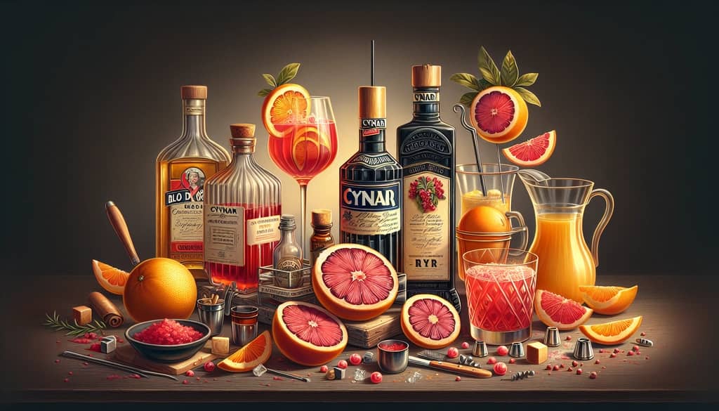 Step-by-step ingredients, including Cynar, blood orange juice, and grapefruit bitters, ready to craft the Fruity Cynar Spritz.