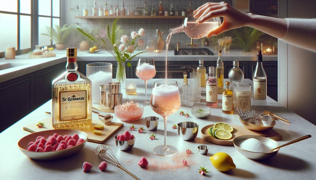 Step-by-step instructions with images detailing the preparation of a Lillet Rose Spritz with St Germain