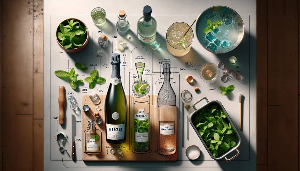 Step-by-step making of a Hugo cocktail with Prosecco, mint, and elderflower syrup