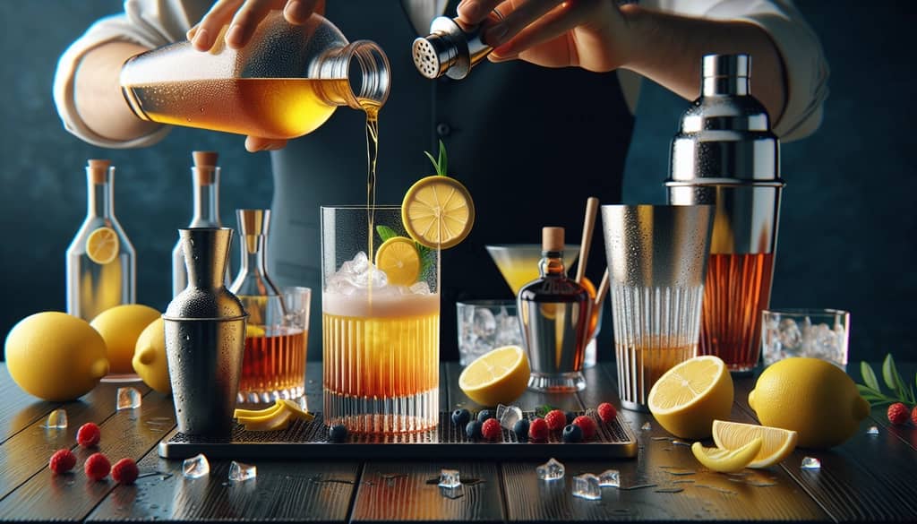 Step-by-step preparation of a Bourbon Sidecar cocktail being shaken and served in a chilled glass