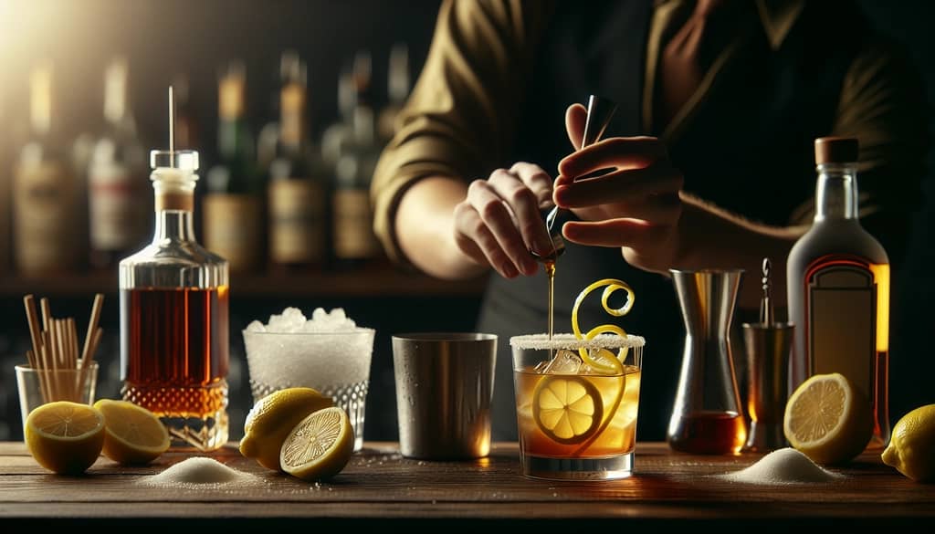 Step-by-step preparation of a Brandy Crusta cocktail showing the process of mixing and garnishing