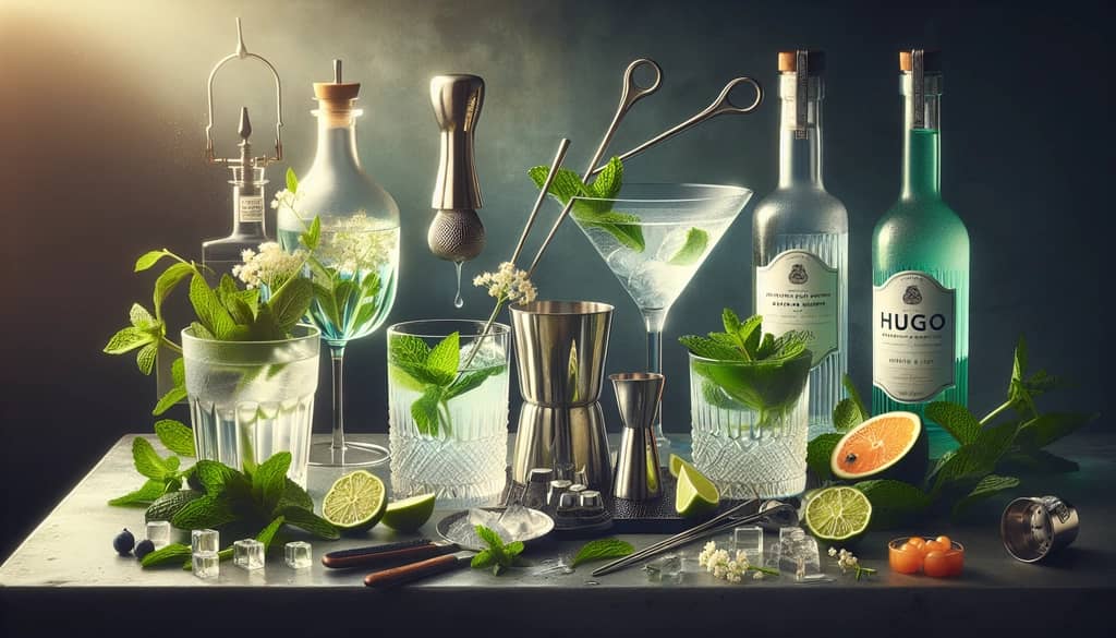Step-by-step preparation of a Hugo cocktail, featuring ingredients like elderflower syrup and mint leaves ready for mixing.