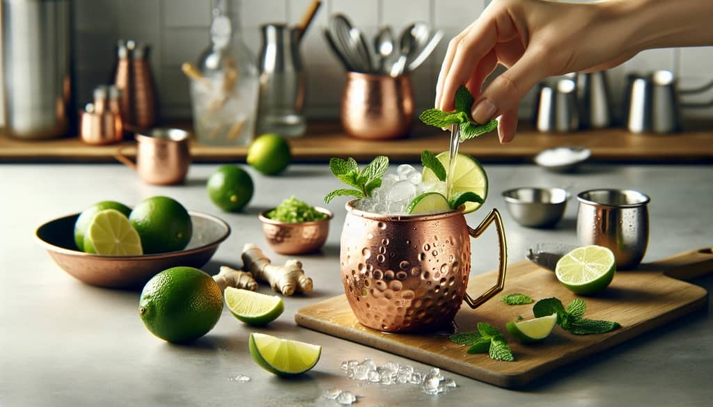 Step-by-step preparation of a Non-Alcoholic Moscow Mule with fresh ingredients.
