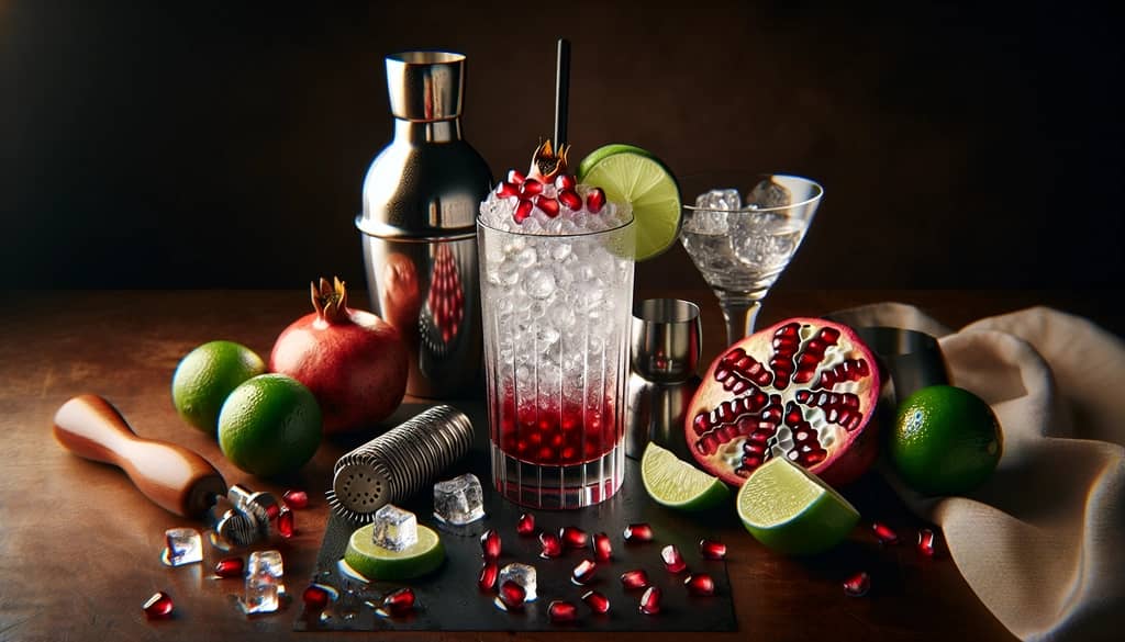 Step-by-step preparation of a Pomegranate Gin Fizz, featuring a shaker and fresh ingredients