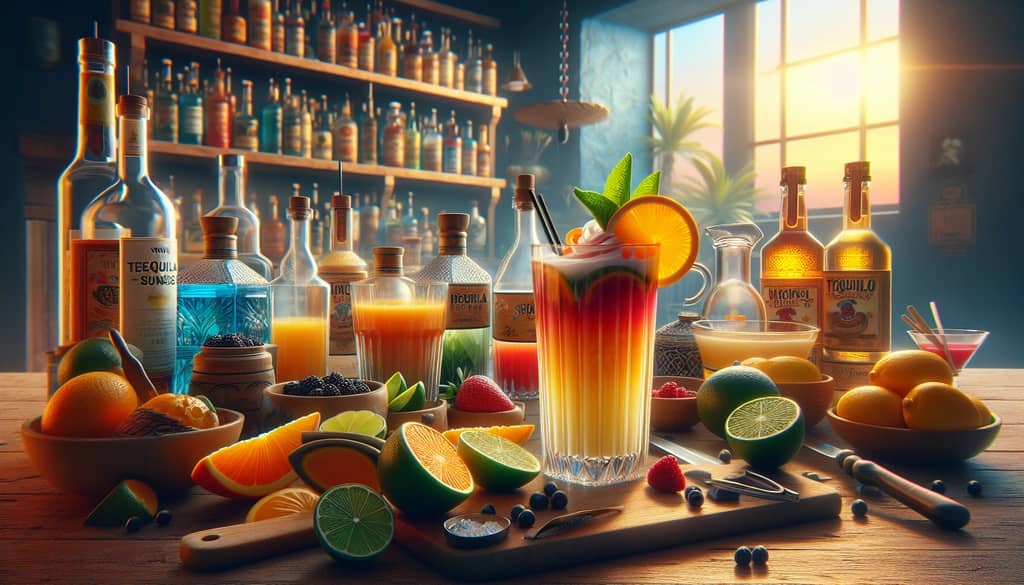 Step-by-step preparation of a Virgin Tequila Sunrise showing each layer of ingredients