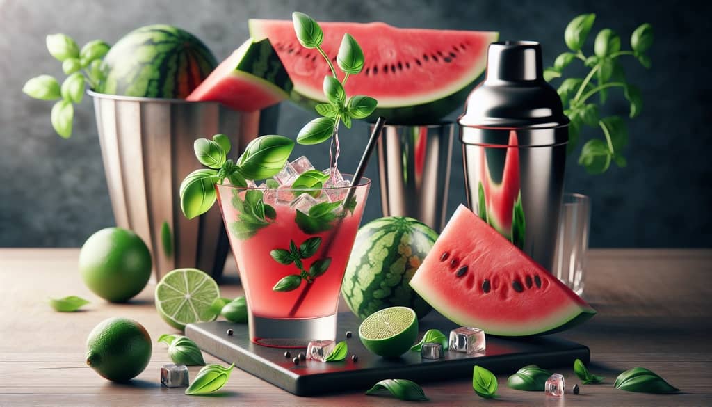 Step-by-step preparation of a Watermelon Smash cocktail with basil and lime
