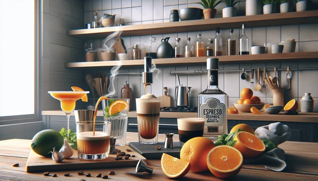 Step-by-step preparation of the Espresso Orange Margarita with ingredients like tequila, espresso, and fresh orange juice.