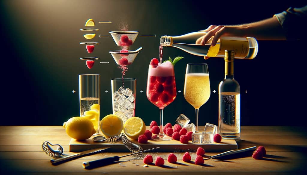 Step-by-step process for assembling a Russian Spring Punch with illustrative ingredients
