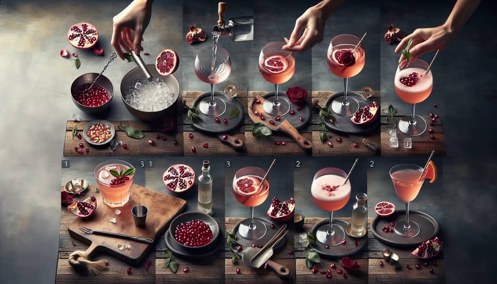 Step-by-step process of crafting a Pomegranate Rose Gin Fizz, with images of mixing and garnishing