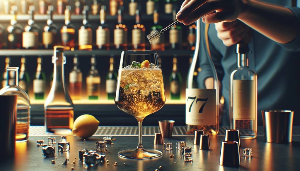 Step-by-step process of creating a French 77 cocktail, showing the blend of spirits and the final topping with Champagne.