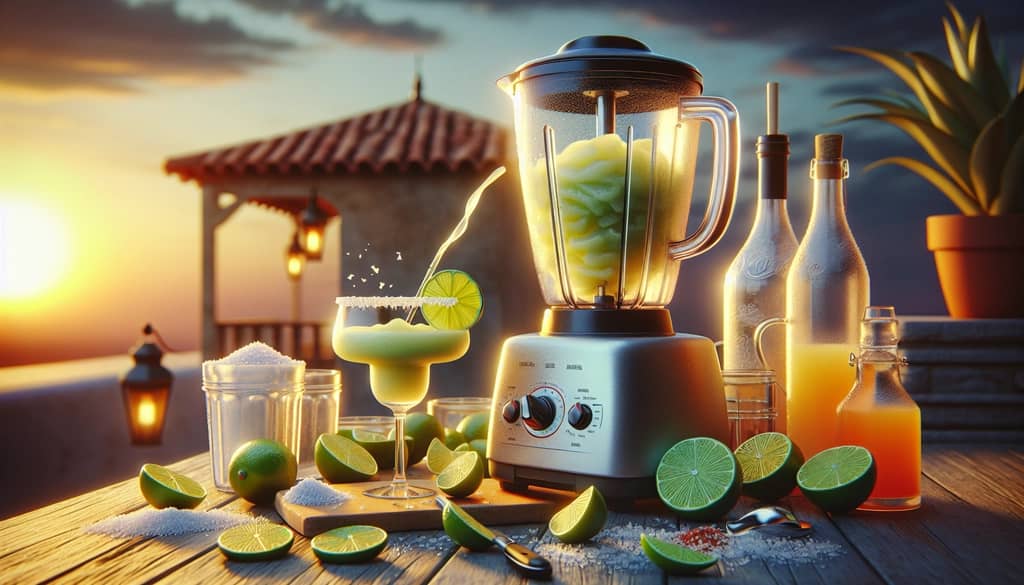 Step-by-step process of making a frozen margarita, showcasing blending and garnishing techniques