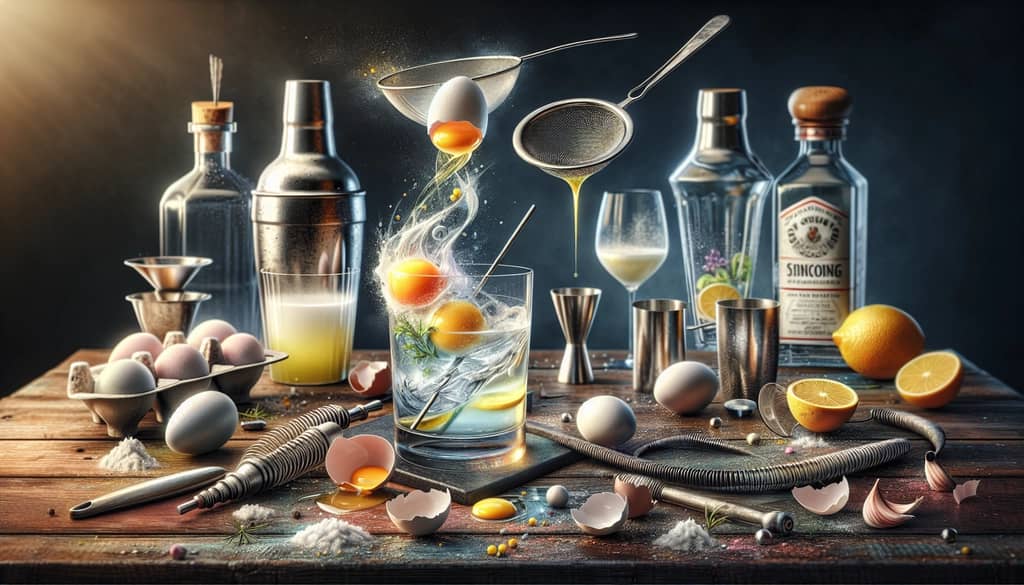 Step-by-step process of making a Gin Sour with egg white, featuring the cocktail shaker and strainer