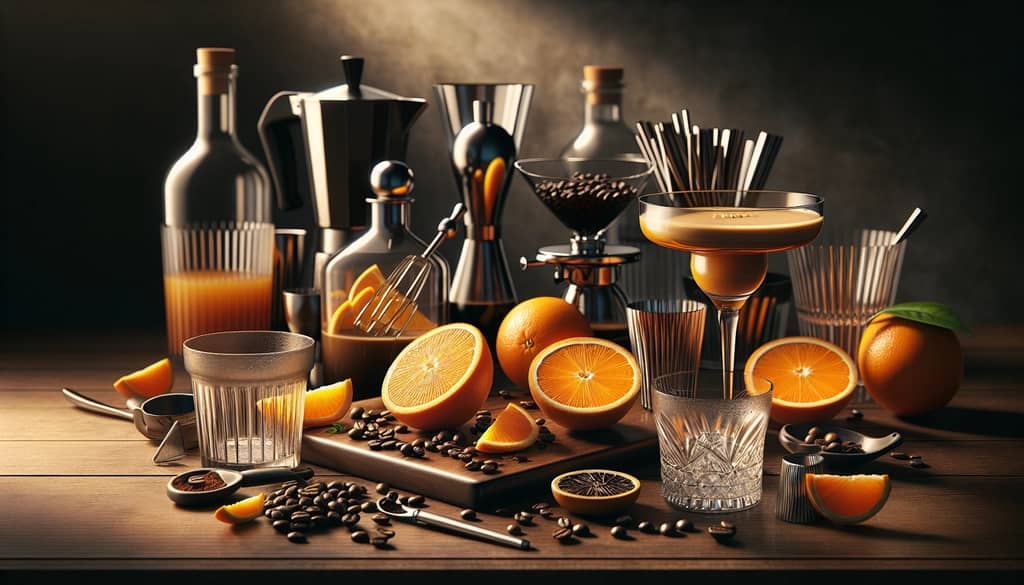 Step-by-step process of mixing and preparing an Espresso Orange Margarita cocktail