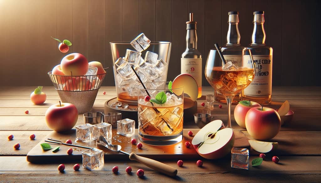Step-by-step visual guide to making an Apple Cider Old Fashioned, highlighting the mixing and garnishing process